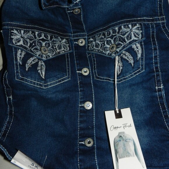 NWT 3XL Women's Embroidered Feathers Cropped Denim Jacket Copper Flash🆕⌚🏃💨🚚 - Picture 3 of 16